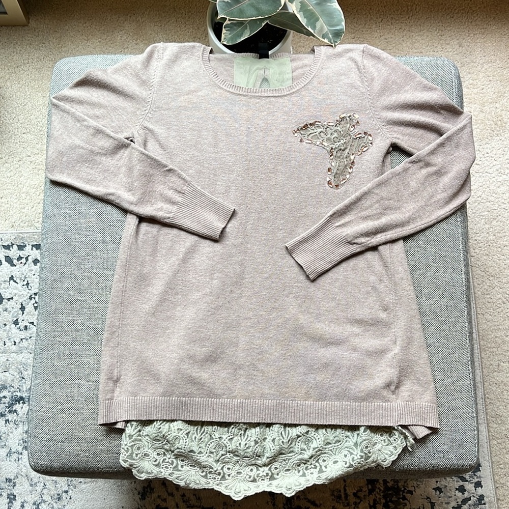 Vintage Lace Sweater with rhinestone and pearl detailing, Size: S/M